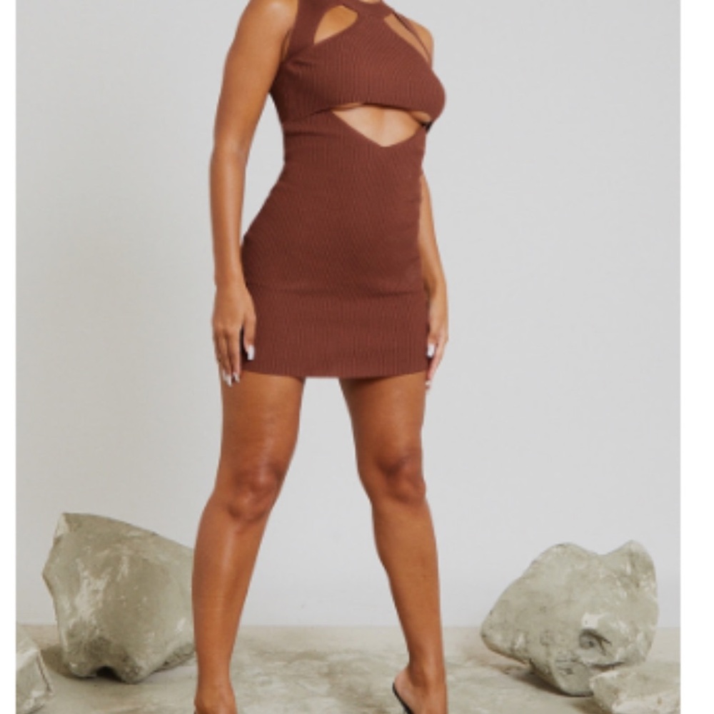 PrettyLittleThing Brown Cut-Out Mini Dress